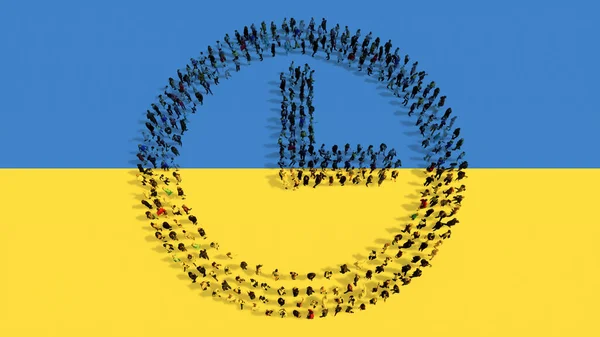 Concept Conceptual Community People Forming Clock Icon Ukrainian Flag Illustration — Fotografia de Stock