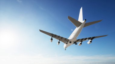 Kavramsal uçan beyaz yolcu uçağı ya da güzel bir gökyüzü arka planından havalandıktan sonra ticari uçak. Jet taşımacılığı, seyahat endüstrisi veya modern özgürlük kavramı için 3D illüstrasyon