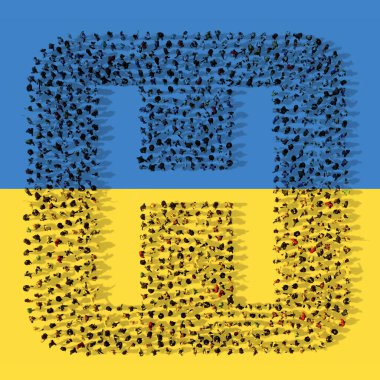 Ukrayna bayrağında hastane tabelasını oluşturan kavramsal ya da kavramsal geniş bir topluluk. 3D illüstrasyon metaforu sağlık hizmetleri, tıbbi gereçler ve malzemeler, doktorlar, acil durum