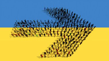 Ukrayna bayrağında yol işareti oluşturan insanların kavramsal ya da kavramsal topluluğu. Karar, strateji, liderlik, siyaset, uluslararası destek ve yön için 3d illüstrasyon metaforu