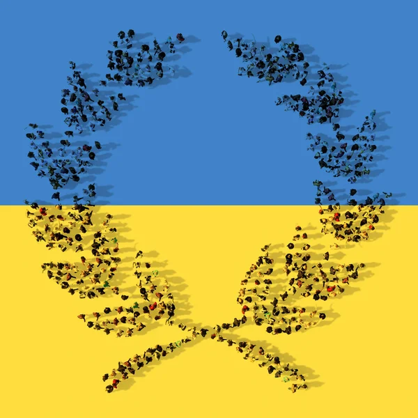 Concept Conceptual Community People Forming Image Laurel Wreaths Ukrainian Flag —  Fotos de Stock