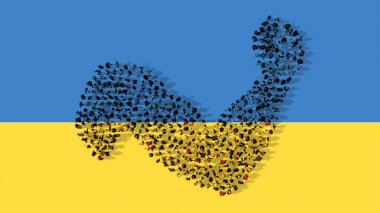 Ukrayna bayrağında güçlü bir kol oluşturan insanların kavramsal veya kavramsal topluluğu. Direniş, güç, esneklik, mücadele ruhu ve dayanıklılık için üç boyutlu bir örnekleme metaforu