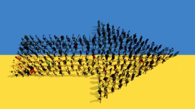 Ukrayna bayrağında yol işareti oluşturan insanların kavramsal ya da kavramsal topluluğu. Karar, strateji, liderlik, siyaset, uluslararası destek ve yön için 3d illüstrasyon metaforu