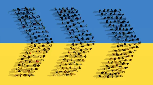 Ukrayna bayrağında tehlikeli yol işaretini oluşturan insanların kavramsal ya da kavramsal topluluğu. 3D çizim metaforu risk, uyarı, savaş, yıkım ve can kaybı, strateji ve yardım