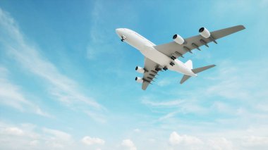 Kavramsal uçan beyaz yolcu uçağı ya da güzel bir gökyüzü arka planından havalandıktan sonra ticari uçak. Jet taşımacılığı, seyahat endüstrisi veya modern özgürlük kavramı için 3D illüstrasyon