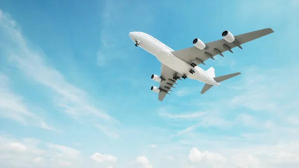 Avião Passageiros Branco Voador Conceitual Avião Comercial Depois Decolar Subindo — Fotografia de Stock