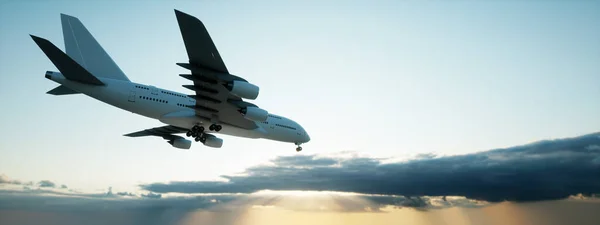 Konzeptfliegendes Weißes Passagierflugzeug Oder Verkehrsflugzeug Nach Dem Start Das Über — Stockfoto