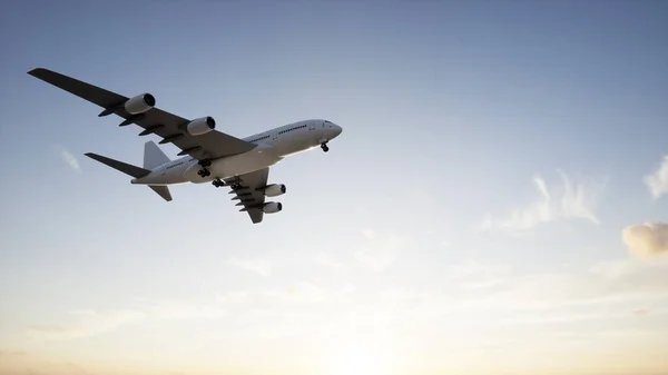 美しい空の背景の上に上昇を離陸した後 概念的な飛行白い旅客機や商業飛行機 ジェット輸送 旅行業界や現代の自由の概念のための3Dイラスト — ストック写真