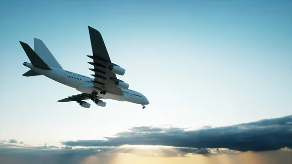 Conceptueel Vliegend Wit Passagiersvliegtuig Commercieel Vliegtuig Opstijgen Boven Een Prachtige — Stockfoto
