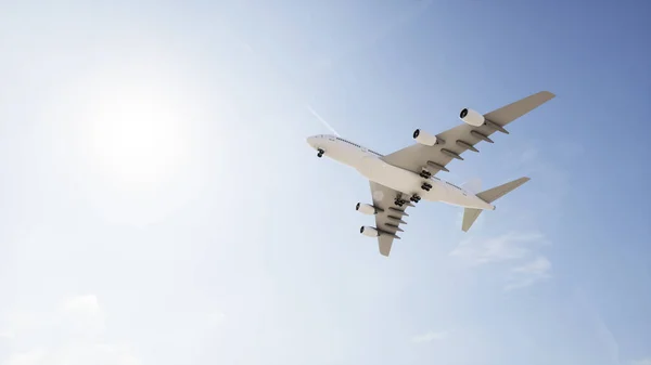 美しい空の背景の上に上昇を離陸した後 概念的な飛行白い旅客機や商業飛行機 ジェット輸送 旅行業界や現代の自由の概念のための3Dイラスト — ストック写真