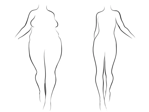 概念的な脂肪太りすぎの女性対スリムは 体重減少や筋肉の薄い若い女性との食事の後に健康な体に適合します フィットネス 栄養や肥満 健康シルエットの形状のための3Dイラスト — ストック写真