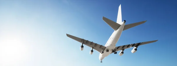 美しい空の背景の上に上昇を離陸した後 概念的な飛行白い旅客機や商業飛行機 ジェット輸送 旅行業界や現代の自由の概念のための3Dイラスト — ストック写真