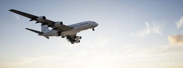 美しい空の背景の上に上昇を離陸した後 概念的な飛行白い旅客機や商業飛行機 ジェット輸送 旅行業界や現代の自由の概念のための3Dイラスト — ストック写真