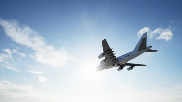 美しい空の背景の上に上昇を離陸した後 概念的な飛行白い旅客機や商業飛行機 ジェット輸送 旅行業界や現代の自由の概念のための3Dイラスト — ストック写真