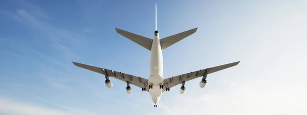 美しい空の背景の上に上昇を離陸した後 概念的な飛行白い旅客機や商業飛行機 ジェット輸送 旅行業界や現代の自由の概念のための3Dイラスト — ストック写真