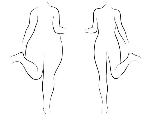 矢量概念脂肪超重肥胖女性与苗条健康身体后体重下降或饮食与肌肉稀薄的年轻女子隔离 营养或肥胖 健康剪影形状 — 图库矢量图片