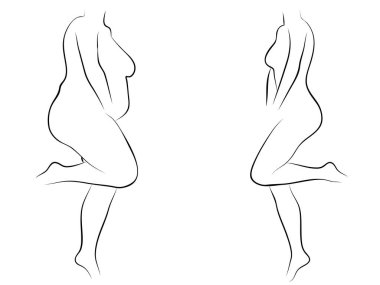 Vektör kavramsal şişman kilolu obez kadın vs fit sağlıklı vücut kilo kaybını takiben ince ya da diyet izole kas ince olan kadın. Fitness, beslenme veya şişmanlık obezite, sağlık siluet şekli
