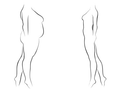 Vektör kavramsal şişman kilolu obez kadın vs fit sağlıklı vücut kilo kaybını takiben ince ya da diyet izole kas ince olan kadın. Fitness, beslenme veya şişmanlık obezite, sağlık siluet şekli