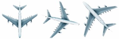 Conceptual set of three flying white passenger jetliner or commercial planes, isolated on white background. 3D illustration for jet transportation, travel industry or modern freedom concept