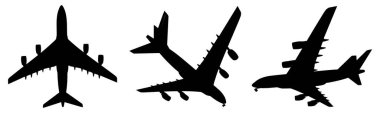 Vector conceptual set of three flying black passenger jetliner or commercial planes, isolated on white background as a metaphor for jet transportation, travel industry or modern freedom concept