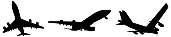 Векторний Концептуальний Набір Трьох Літаючих Чорних Пасажирських Літаків Або Комерційних — стоковий вектор