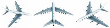 Conceptual set of three flying white passenger jetliner or commercial planes, isolated on white background. 3D illustration for jet transportation, travel industry or modern freedom concept
