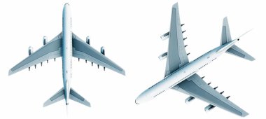 Conceptual set of two flying white passenger jetliner or commercial planes, isolated on white background. 3D illustration for jet transportation, travel industry or modern freedom concept