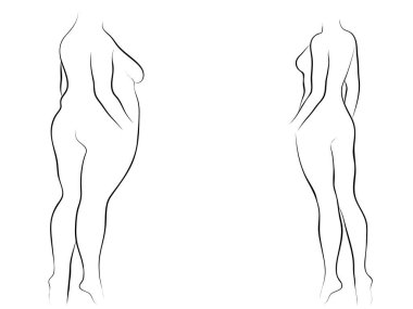 Vektör kavramsal şişman kilolu obez kadın vs fit sağlıklı vücut kilo kaybını takiben ince ya da diyet izole kas ince olan kadın. Fitness, beslenme veya şişmanlık obezite, sağlık siluet şekli