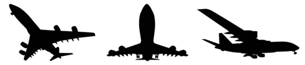 Векторний Концептуальний Набір Трьох Літаючих Чорних Пасажирських Літаків Або Комерційних — стоковий вектор