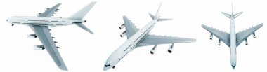Conceptual set of three flying white passenger jetliner or commercial planes, isolated on white background. 3D illustration for jet transportation, travel industry or modern freedom concept