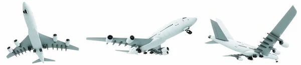 Концептуальный Набор Трех Летающих Белых Пассажирских Лайнеров Коммерческих Самолетов Изолированных — стоковое фото