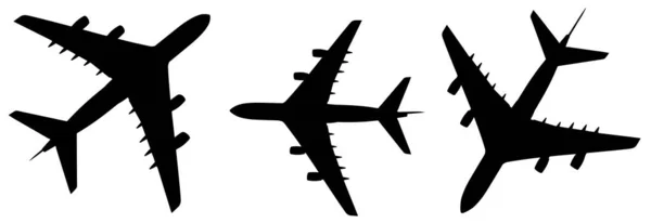 Vector Conceptual Set Three Flying Black Passenger Jetliner Commercial Planes — Vetor de Stock