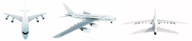 Conceptual set of three flying white passenger jetliner or commercial planes, isolated on white background. 3D illustration for jet transportation, travel industry or modern freedom concept
