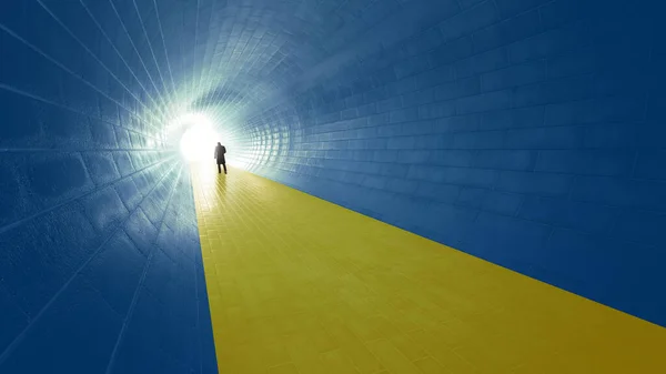 Concept Conceptual Blue Yellow Tunnel Ukrainian Flag Bright Light End — Fotografia de Stock