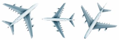 Conceptual set of three flying white passenger jetliner or commercial planes, isolated on white background. 3D illustration for jet transportation, travel industry or modern freedom concept