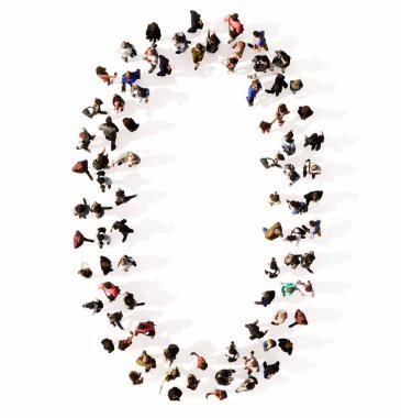 0 yazı tipini oluşturan insanların kavramsal ya da kavramsal büyük topluluğu. Birlik ve çeşitlilik için 3d illüstrasyon metaforu, insani yardım, takım çalışması, işbirliği, eğitim, arkadaşlık ve toplum