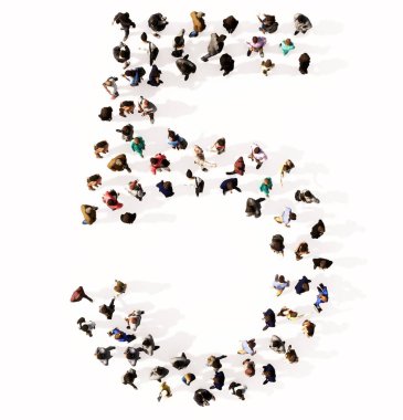 Yazı tipi 5 'i oluşturan kavramsal ya da kavramsal geniş topluluk. Birlik ve çeşitlilik için 3d illüstrasyon metaforu, insani yardım, takım çalışması, işbirliği, eğitim, arkadaşlık ve toplum