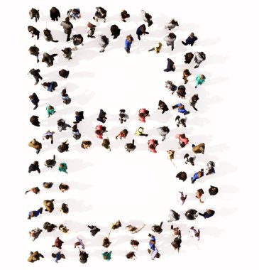 B yazı tipini oluşturan insanların kavramsal ya da kavramsal topluluğu. Birlik ve çeşitlilik için 3d illüstrasyon metaforu, insani yardım, takım çalışması, işbirliği, eğitim, arkadaşlık ve toplum