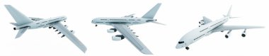 Conceptual set of three flying white passenger jetliner or commercial planes, isolated on white background. 3D illustration for jet transportation, travel industry or modern freedom concept
