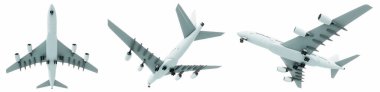 Conceptual set of three flying white passenger jetliner or commercial planes, isolated on white background. 3D illustration for jet transportation, travel industry or modern freedom concept