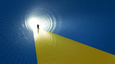 Kavramsal mavi ve kavramsal tünel, Ukrayna bayrak renkleri, sonunda umut ve inancın metaforu olarak parlak bir ışık. Yürüyen adamın özgürlüğe giden siyah silüetinin 3 boyutlu bir çizimi. 