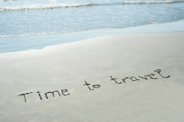 Concept Conceptual Time Travel Handwritten Text Sand Beach Waves Exotic — Fotografia de Stock