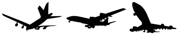 Vector Conceptual Set Three Flying Black Passenger Jetliner Commercial Planes — Archivo Imágenes Vectoriales