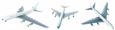 Conceptual set of three flying white passenger jetliner or commercial planes, isolated on white background. 3D illustration for jet transportation, travel industry or modern freedom concept