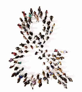 Concept or conceptual large community of people forming the  ampersand font. 3d illustration metaphor for unity and diversity, humanitarian, teamwork, cooperation, education, friendship and community