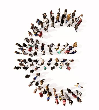 Concept or conceptual large community of people forming the euro font. 3d illustration metaphor for unity and diversity, humanitarian, teamwork, cooperation, education, friendship and community