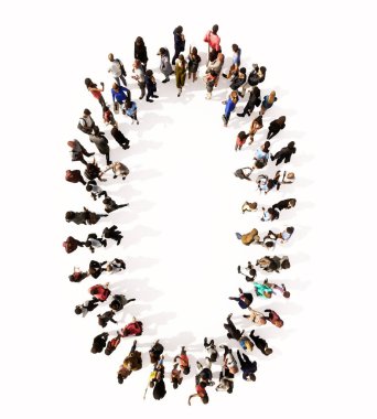 0 yazı tipini oluşturan insanların kavramsal ya da kavramsal büyük topluluğu. Birlik ve çeşitlilik için 3d illüstrasyon metaforu, insani yardım, takım çalışması, işbirliği, eğitim, arkadaşlık ve toplum