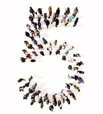 Yazı tipi 5 'i oluşturan kavramsal ya da kavramsal geniş topluluk. Birlik ve çeşitlilik için 3d illüstrasyon metaforu, insani yardım, takım çalışması, işbirliği, eğitim, arkadaşlık ve toplum