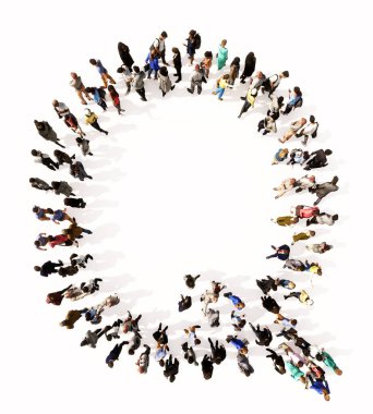 Q yazı tipini oluşturan kavramsal veya kavramsal büyük topluluk. Birlik ve çeşitlilik için 3d illüstrasyon metaforu, insani yardım, takım çalışması, işbirliği, eğitim, arkadaşlık ve toplum