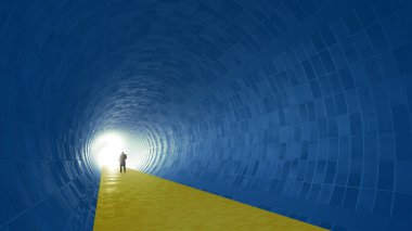 Kavramsal mavi ve kavramsal tünel, Ukrayna bayrak renkleri, sonunda umut ve inancın metaforu olarak parlak bir ışık. Yürüyen adamın özgürlüğe giden siyah silüetinin 3 boyutlu bir çizimi. 